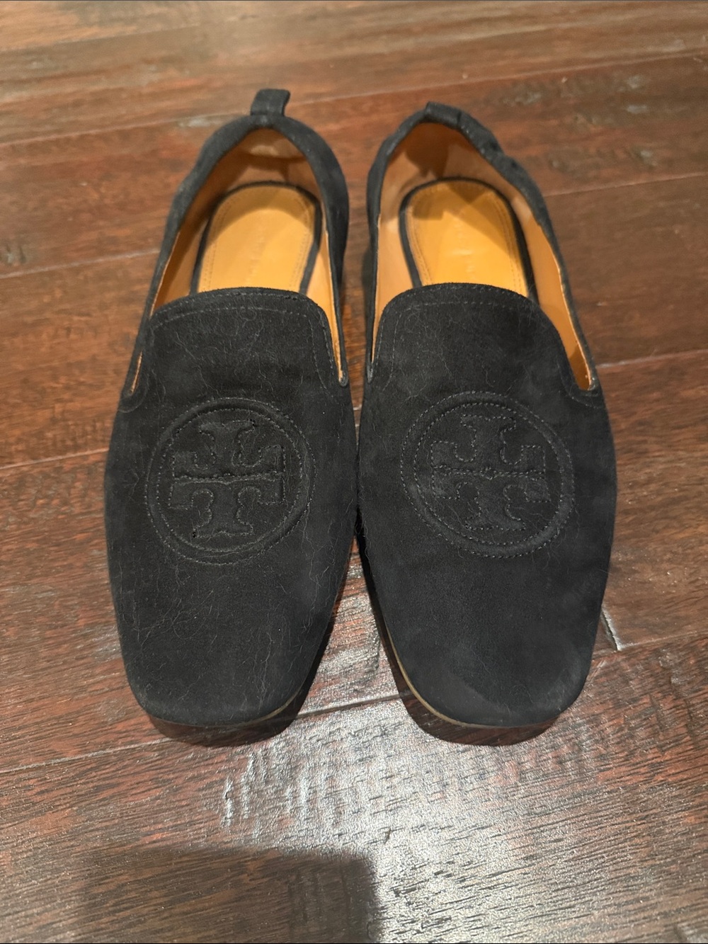 Gently Loved Tory Burch Black Suede Embroidered Logo Slip-On Loafers